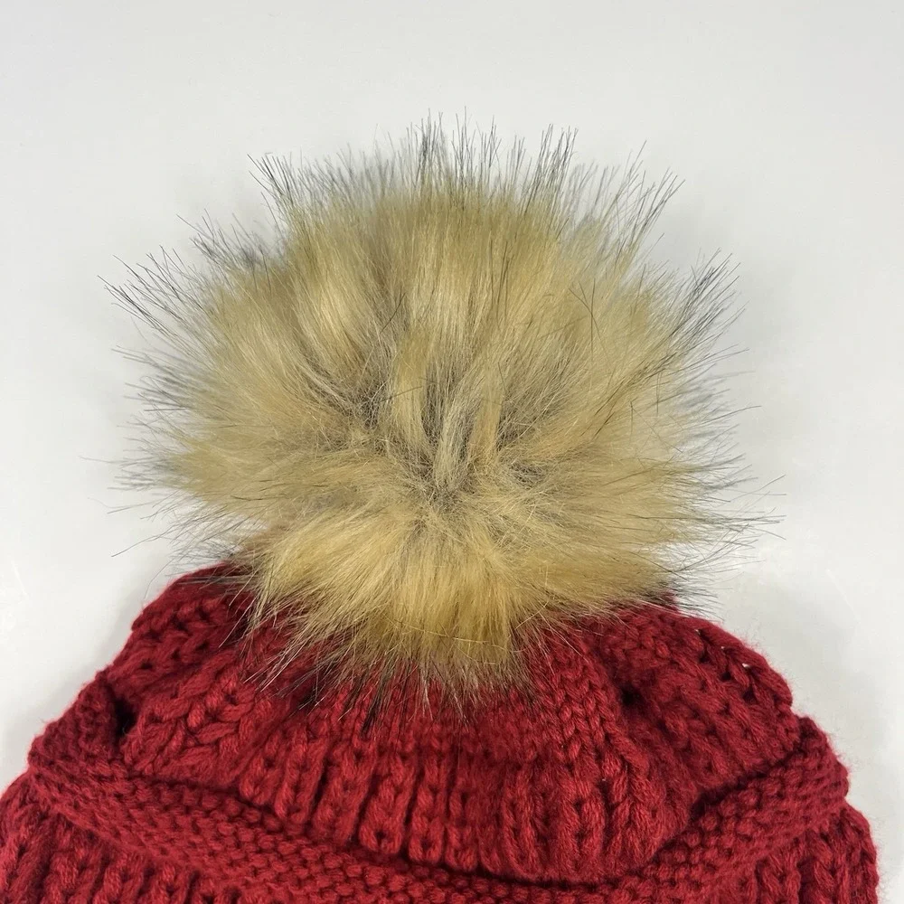 FURTALK Womens Winter Knitted Beanie Hat Faux Fur Pom Red Chunky‎ Ski Snowbunny